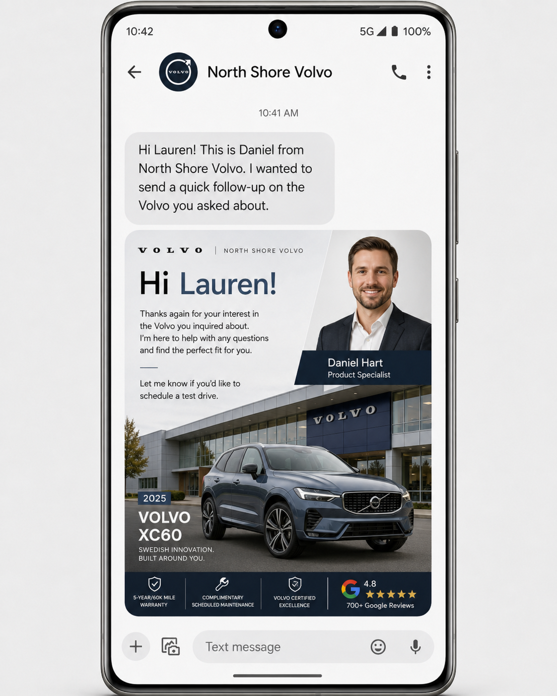 North Shore Volvo follow-up on an Android phone