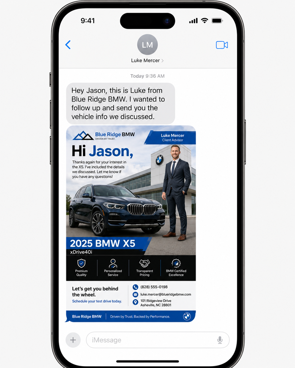 Blue Ridge BMW follow-up in a text thread