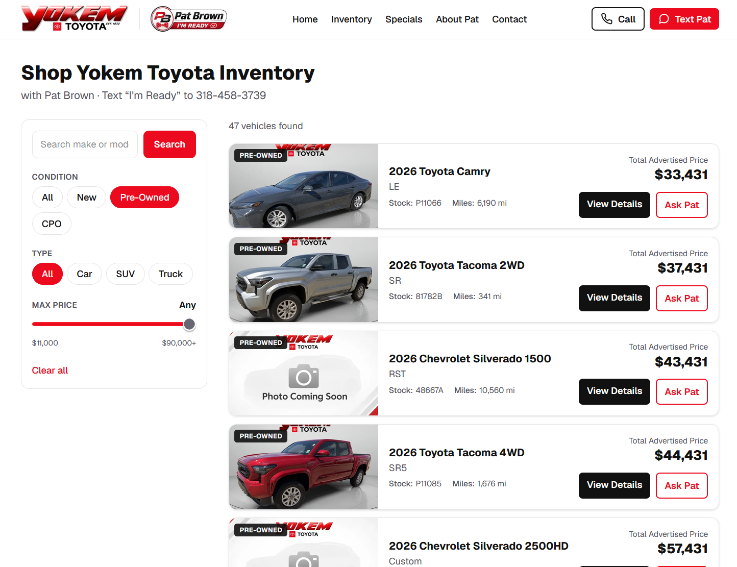 Showroom list inventory layout