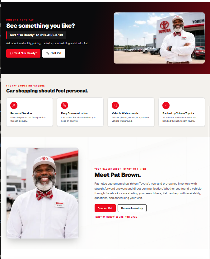 Showroom salesperson service, communication, dealership, and about sections