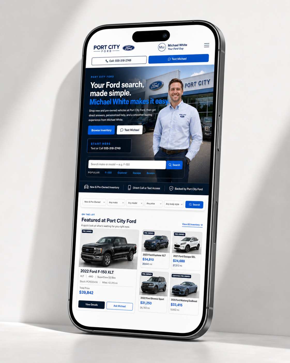 Port City Ford salesperson Showroom on a mobile phone