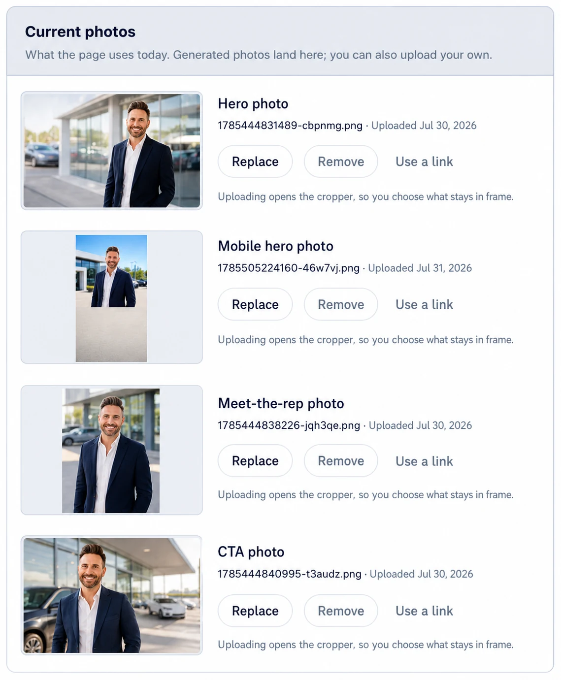 Four professionally composed Lead2Lot page photos ready for desktop, mobile, profile, and CTA placements