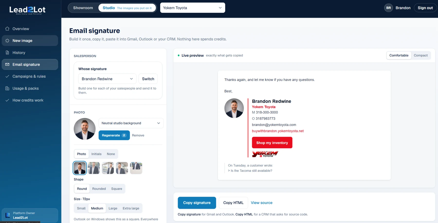 Lead2Lot email signature builder with salesperson settings and live preview