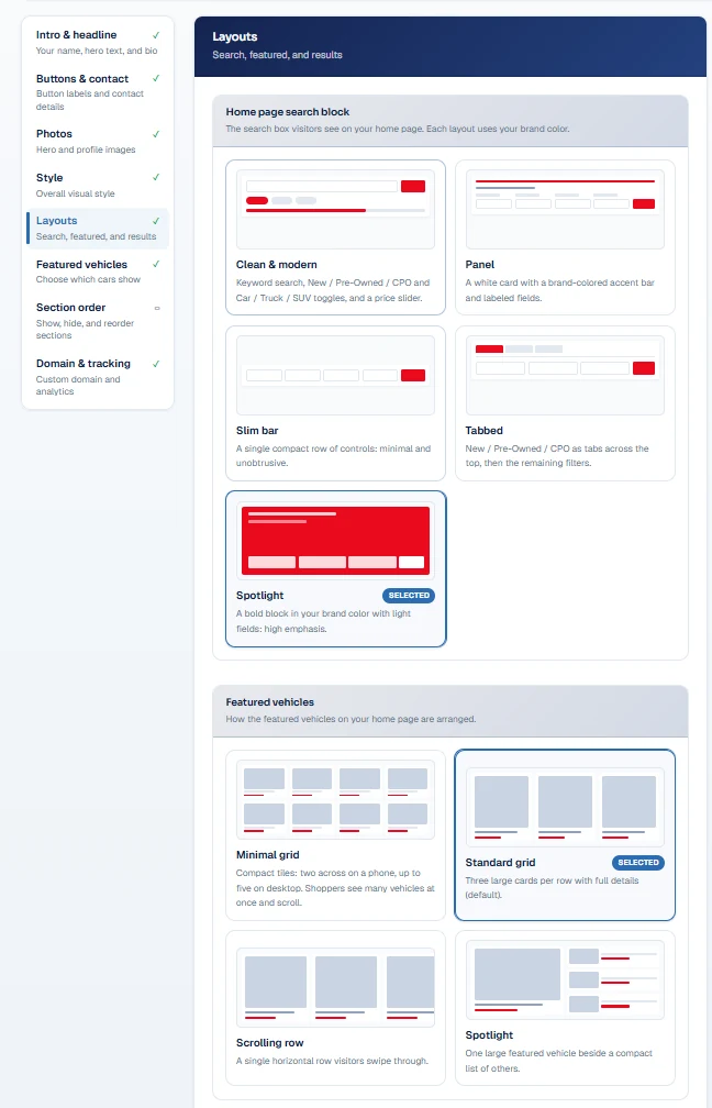 Lead2Lot layout selector for search and featured inventory sections
