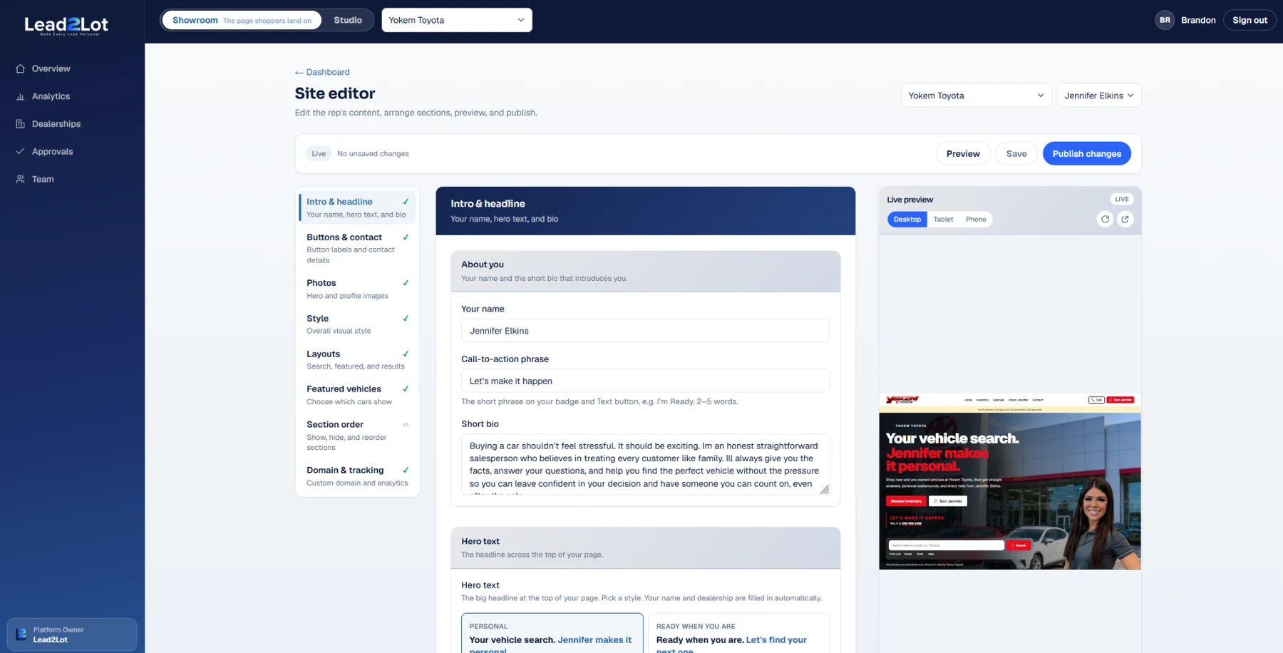 Lead2Lot dealership console site editor with salesperson page preview